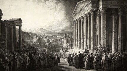 A religious scene portrayed as an old engraving, with intricate details in the garments, expressions, and architectural elements to evoke a sense of reverence and history