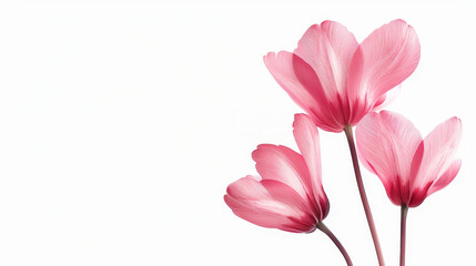 Fototapeta premium Delicate pink flowers gracefully positioned against a soft, white background, perfect for spring-themed designs and decorations.