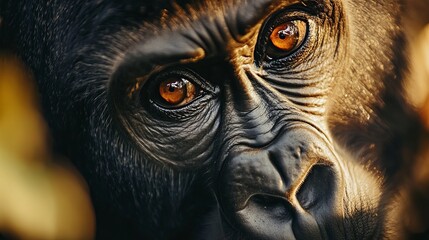 A stunning close-up of a gorilla's face. Its soulful brown eyes draw you in, and the blurred background makes it look like the gorilla is gazing out into the wilderness.