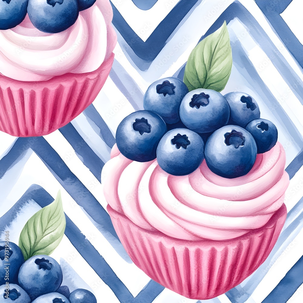 Wall mural watercolor blueberries and cupcakes seamless pattern