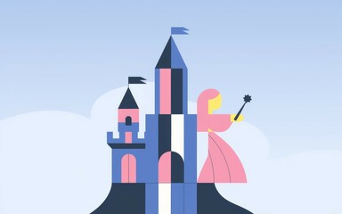 Princess castle. Fairytale princess with magic wand standing in front of a tall castle.