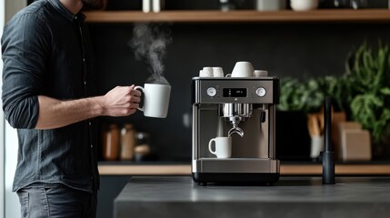 Man holding a mug and standing next to a coffee machine in a modern kitchen waiting for the coffee to pour