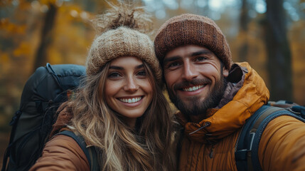 Happy Romantic Couple Hiking in Autumn Forest, Capturing Selfie Moment, Togetherness and Adventure in Nature