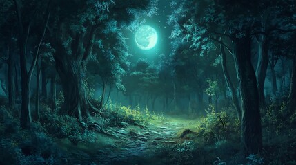 Mystical Moonlight Path in a Tranquil Forest