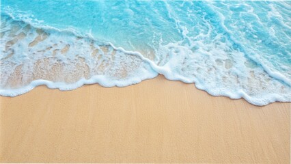 A beautiful sandy beach with soft blue ocean waves gently lapping at the shore under a clear sky