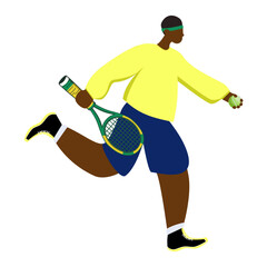 Tennis player runs with a racket and a tennis ball in flat style. Vector illustration	

