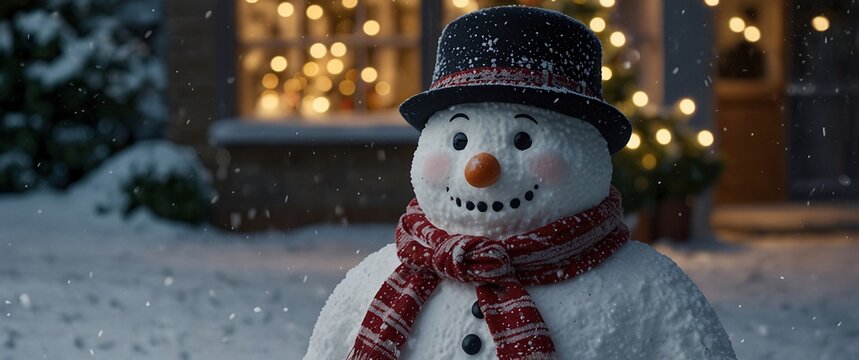 Snowman in Winter Wonderland: A charming snowman stands proudly in a snowy winter scene, his cheerful face illuminated by twinkling Christmas lights. The falling snow adds a magical touch, evoking a s