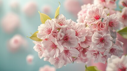 Sakura branch with green leaves and white flowers on a blue background, for a celebration or anniversary card.