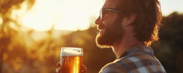 Close-up of a man happily holding a pint of beer outdoors during sunset, capturing a moment of relaxation and enjoyment in nature