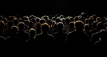Silhouette of a crowd, against a black background, glowing in the dark Generative AI