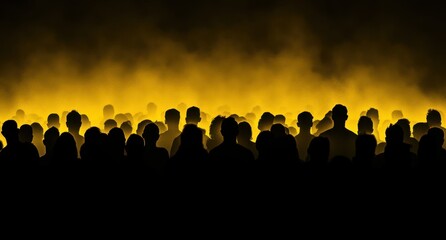 A crowd of people silhouetted against a black background, with yellow light on the backside Generative AI