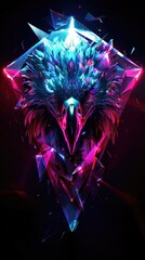 Luminous eyes of an eagle's head within a neon-lit black diamond crystal.