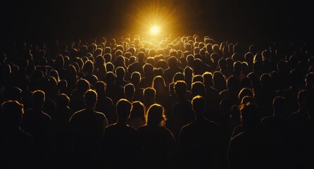 Obraz premium A crowd of people silhouetted against the black background, illuminated by golden light from their faces and shoulders Generative AI