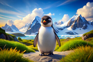 Fototapeta premium A Cute Penguin Standing on a Rock in Front of a Mountainous Landscape