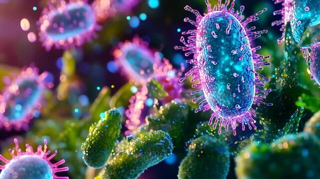 Microscopic view of bacteria and microorganisms. Colorful close up video for science, biology, medicine, or healthcare. World Health Day, Global Handwashing Day