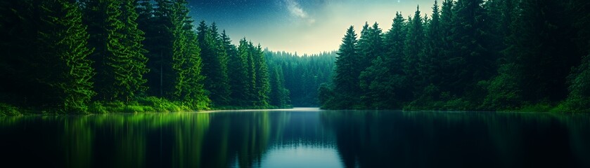 Tranquil lake surrounded by lush green trees with a starry sky above.