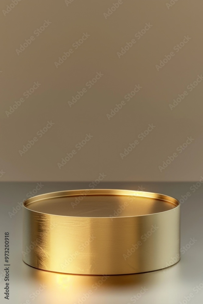 Poster a gold plate sitting on top of a table with a simple background