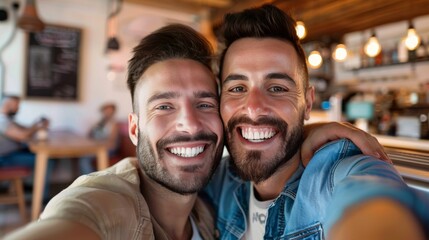 Fototapeta premium Gay couple taking a selfie at a cafe vibrant colors, lively background, happy expressions, natural light, Close-up photo with clean background