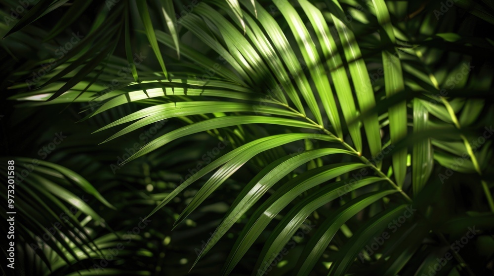 Poster a close-up of a green palm leaf with intricate details and natural texture