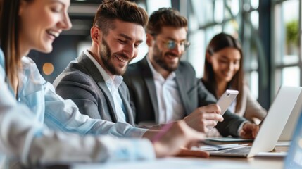 A team gathered around a laptop during a meeting, discussing and working together