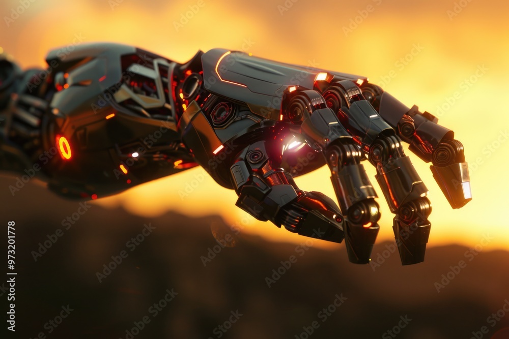 Poster a close-up view of a robot's hand against a warm sunset background