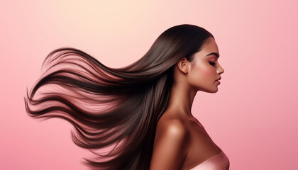 Healthy hair care, beauty and woman with clean shampoo hair after self care treatment, spa beauty salon or luxury wellness routine. Shine, soft and natural  Indian model isolated on studio background 