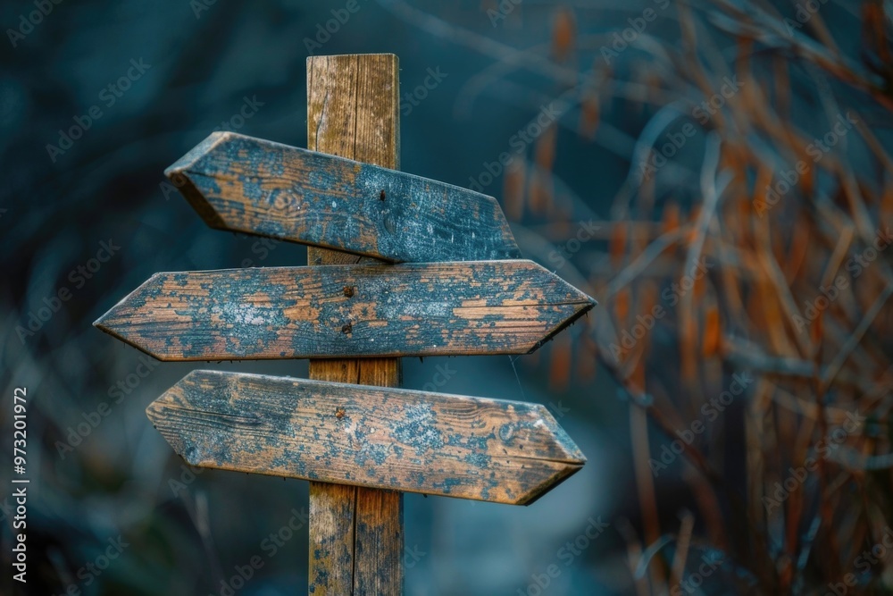 Poster A wooden sign with multiple pointers indicating various paths and routes