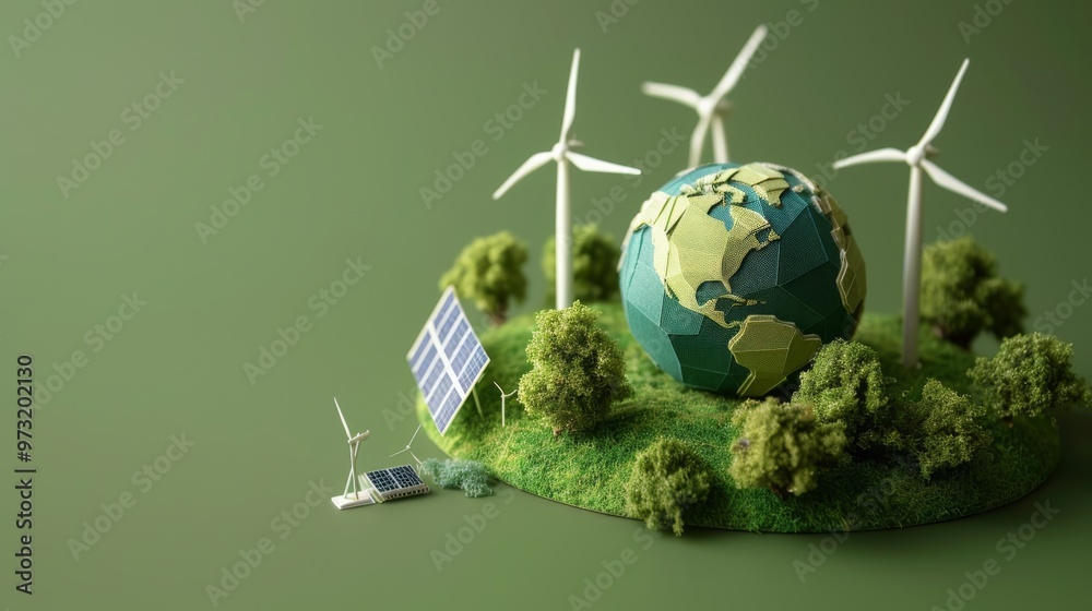Poster globe showcased with icons of alternative energy such as wind and solar power against a fresh green 