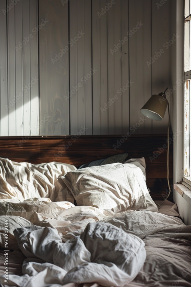 Aufkleber an unmade bed with messy sheets and blankets in a dark room with a window