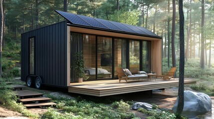 Tiny House with Solar Panels in Forest