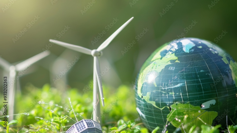 Poster globe showcased with icons of alternative energy such as wind and solar power against a fresh green 