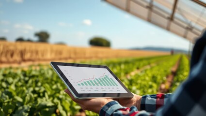 Farmer Analyzing Crop Growth Data on Tablet in Field