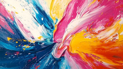 An abstract painting filled with bold and vibrant colors, creating a sense of energy and excitement through dynamic brushstrokes and splashes