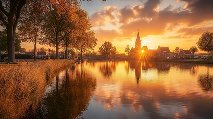 A church steeple silhouetted against a stunning sunset over a tranquil canal with reflections in the water.