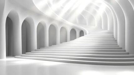 A serene and modern staircase with arches, lit by soft rays of light, creating an ethereal and inviting atmosphere.