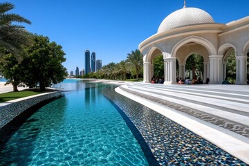 Fototapeta premium An elegant pavilion beside an oasis, where travelers sit in the shade and enjoy a peaceful moment by the water