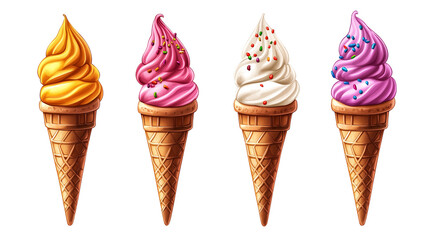 illustration of Soft Serve Ice Cream Cones in Different Flavors with Sprinkles on transparent background. Png file.
