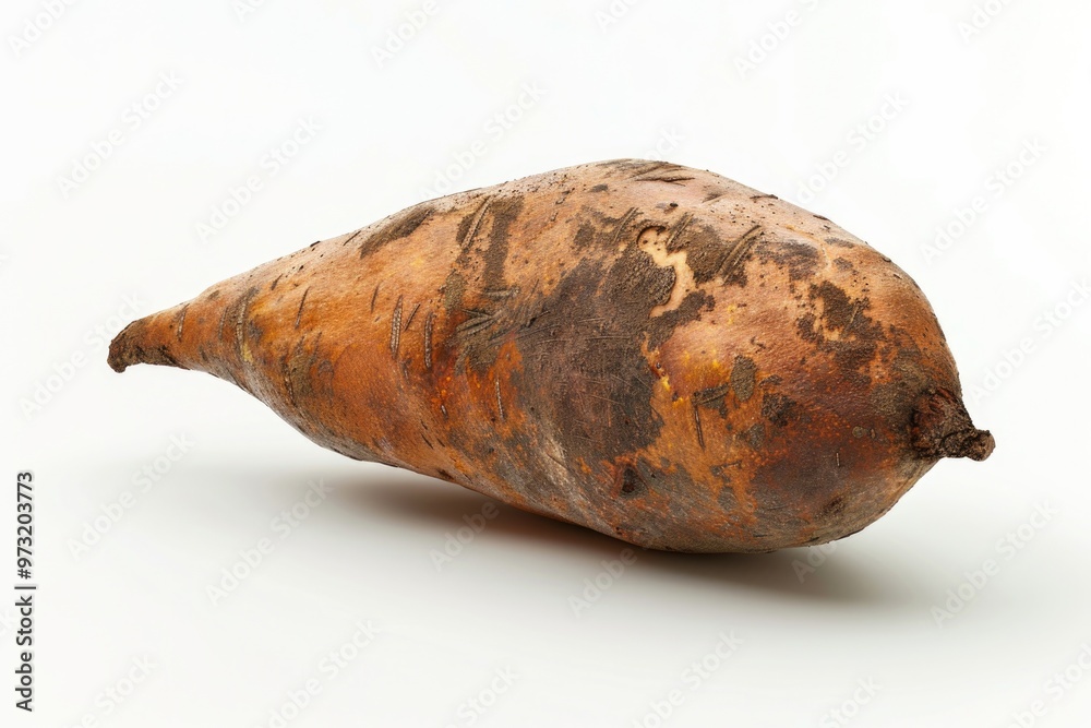 Poster a close-up view of a sweet potato on a white surface, ideal for use in food and cooking related proj