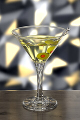 Glass with cocktail on wooden table against wall with spotlights. Bar theme. Dark environment. Drink with olives. 3d rendering.