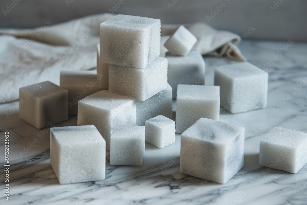 Poster A stack of colorful sugar cubes resting on a smooth, white marble surface