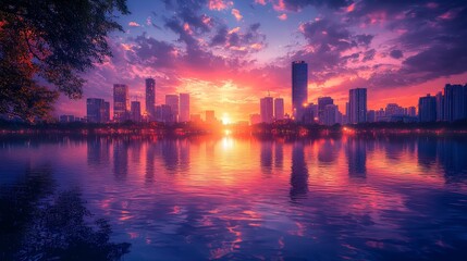 Fototapeta premium An image of a city skyline at sunset, with the sky ablaze in shades of orange, pink, and purple, reflecting off the buildings to create a vibrant and captivating scene