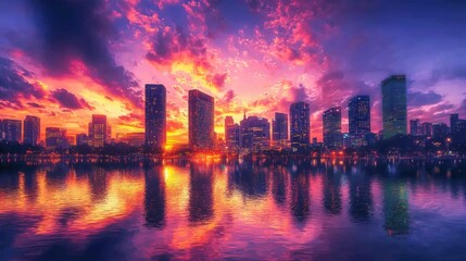 Fototapeta premium An image of a city skyline at sunset, with the sky ablaze in shades of orange, pink, and purple, reflecting off the buildings to create a vibrant and captivating scene