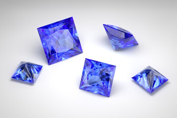 Scattering of blue sapphires of different sizes on the white background. Exhibition of precious stones. Princess cut. 3d rendering.