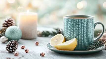 Green mug of tea with lemon slices and a candle amidst Christmas decorations for a festive New Year holiday greeting card.