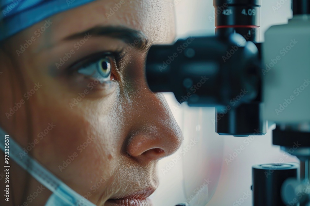 Poster close-up of a person using a microscope to examine a sample, great for science and education images