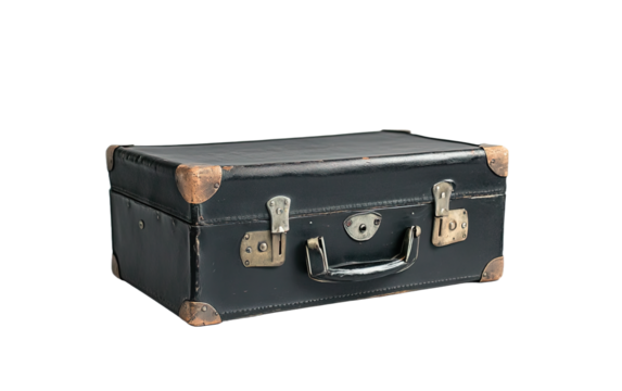 Black vintage leather suitcase isolated on white or transparent background