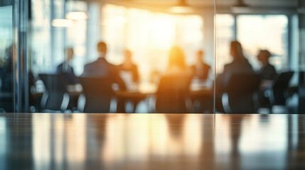 Blurred Image of People in a Glass Office Meeting with Softly Blurred Background – Capturing the Ambiance of a Professional Business Environment, Ideal for Corporate, Workplace, Collaboration Themes.