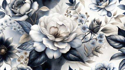 Graceful floral composition in soft grays and whites with delicate details on a muted background