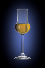 Glass of grappa on accent gradient background. Bar theme. Alcoholic drink. 3d rendering.
