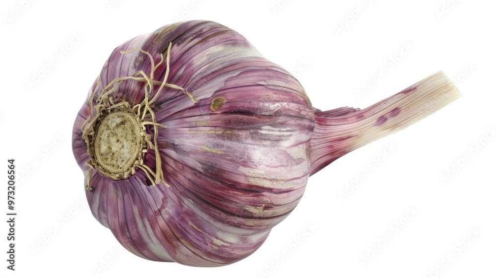 Poster a high-quality image of a garlic head from the top, isolated on a white background
